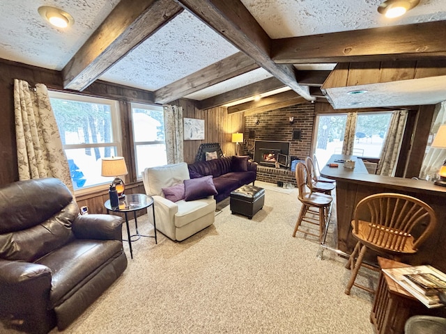 living area featuring a textured ceiling, a healthy amount of sunlight, and wood walls