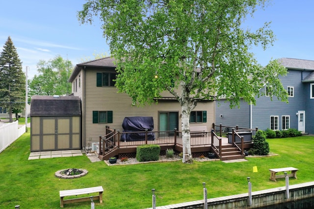 944 Long Point Dr, Houghton Lake, MI 48629 - back of property featuring a fire pit, a wooden deck, a yard, and roof with shingles
