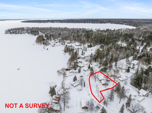 snowy aerial view featuring a wooded view and a water view