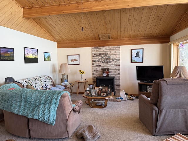 living room with lofted ceiling with beams, visible vents, carpet, and wooden ceiling