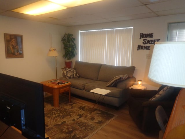 living room featuring wood finished floors and a drop ceiling