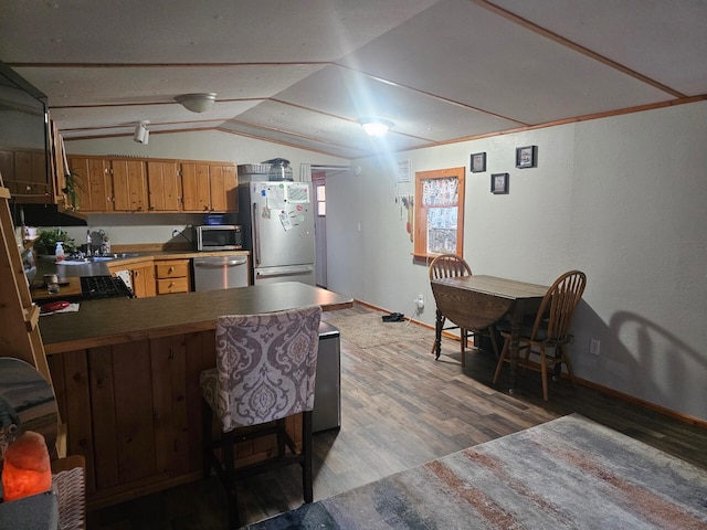 kitchen with lofted ceiling, a peninsula, light wood-style flooring, a sink, and appliances with stainless steel finishes