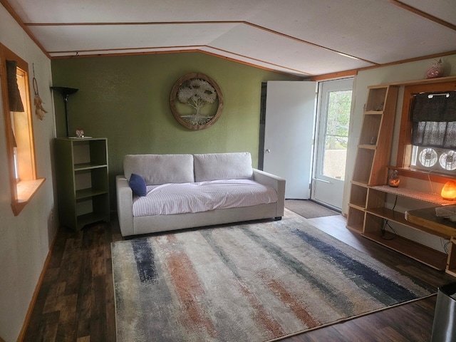 living room featuring vaulted ceiling and wood finished floors