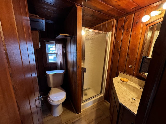 full bathroom with a shower stall, wood walls, toilet, wooden ceiling, and vanity