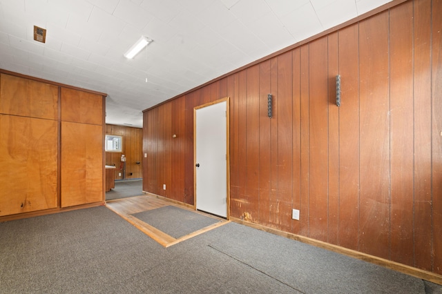 spare room featuring wooden walls and carpet flooring