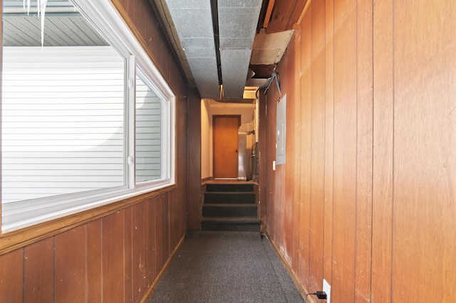 hallway featuring carpet floors and wood walls