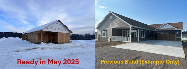 view of snow covered exterior with a garage and concrete driveway