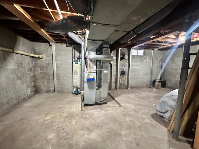 unfinished below grade area with gas water heater and heating unit