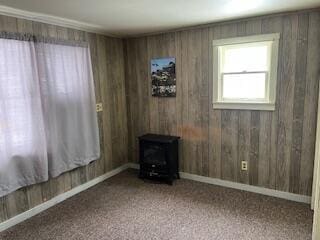 unfurnished room with carpet flooring, baseboards, a wood stove, and wooden walls