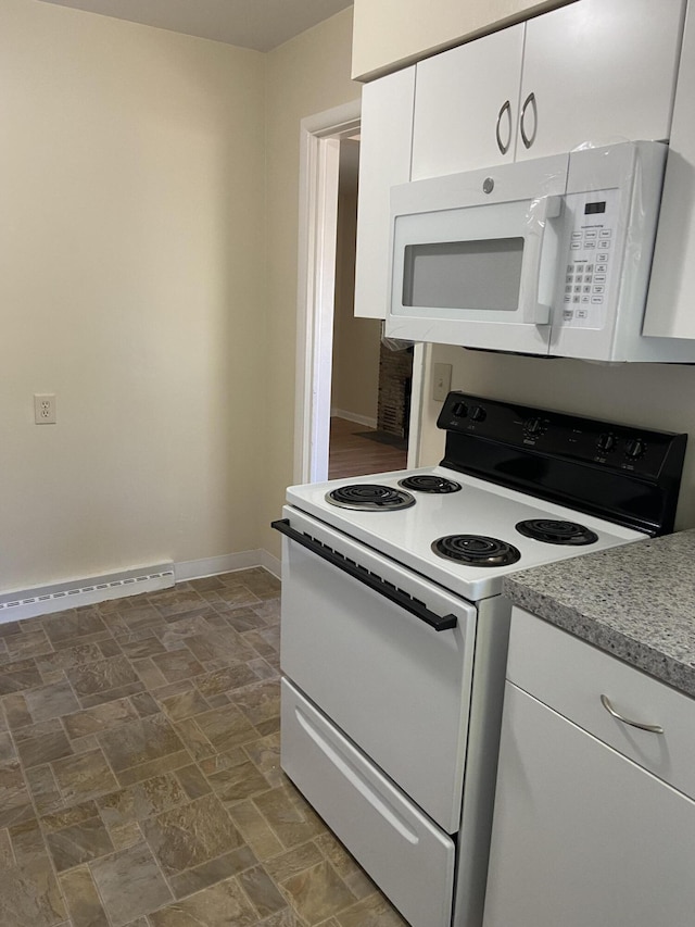 kitchen featuring a baseboard heating unit, white appliances, white cabinets, and baseboards