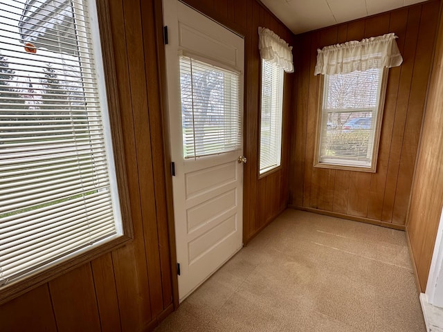 916 W First St, Cheboygan, MI 49721 - entryway with wood walls and light carpet