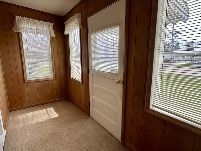 916 W First St, Cheboygan, MI 49721 - doorway with wood walls, light colored carpet, and a healthy amount of sunlight