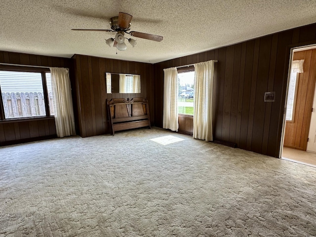 916 W First St, Cheboygan, MI 49721 - empty room featuring wooden walls, a textured ceiling, ceiling fan, and light carpet