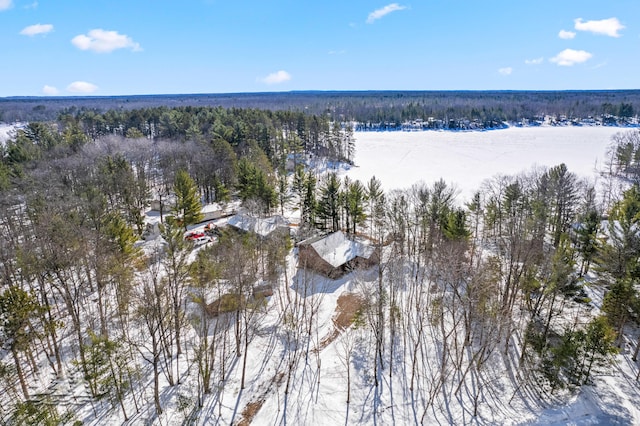 snowy aerial view featuring a view of trees