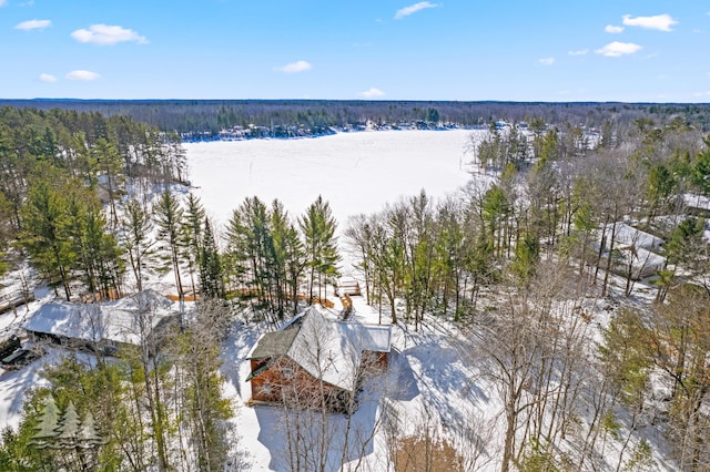 snowy aerial view featuring a forest view