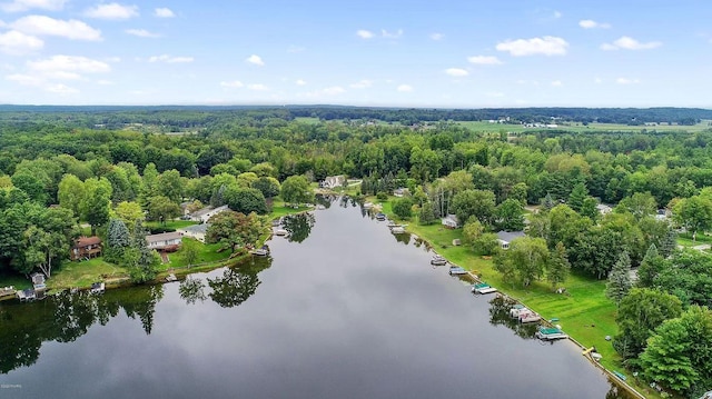 birds eye view of property with a water view and a wooded view