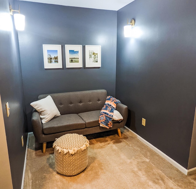 living area with baseboards and carpet floors