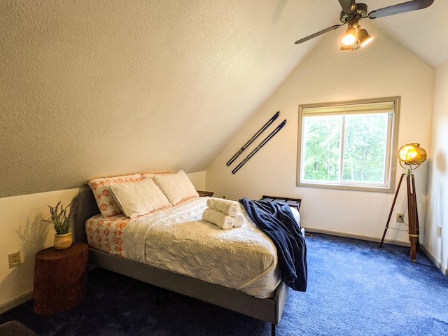 bedroom featuring baseboards, a textured ceiling, carpet flooring, and vaulted ceiling