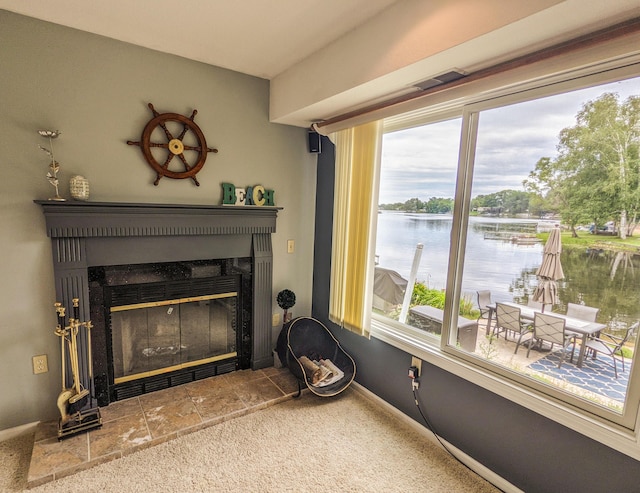 room details with a glass covered fireplace, carpet flooring, baseboards, and a water view