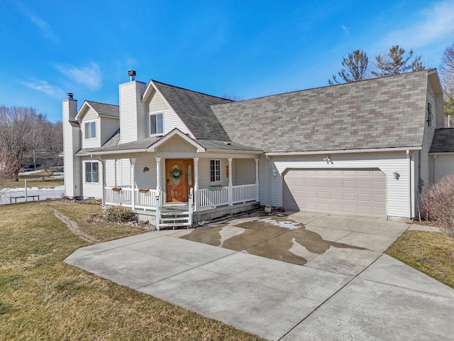 view of front facade with driveway, covered porch, roof with shingles, a front yard, and a garage