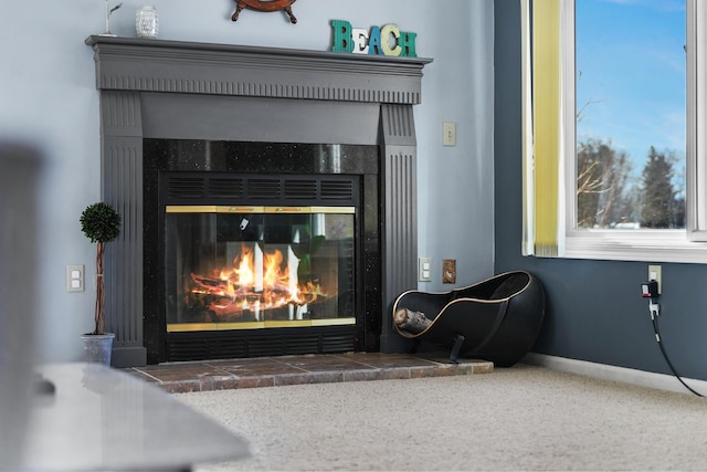 room details with baseboards and a glass covered fireplace