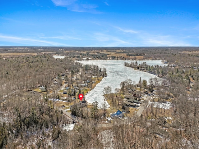 birds eye view of property featuring a forest view and a water view