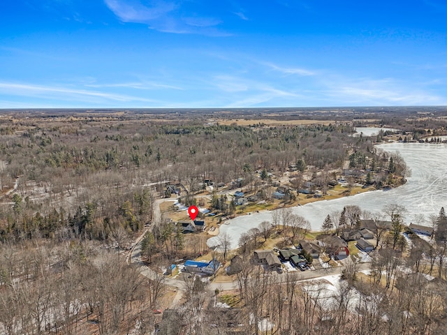 drone / aerial view with a wooded view