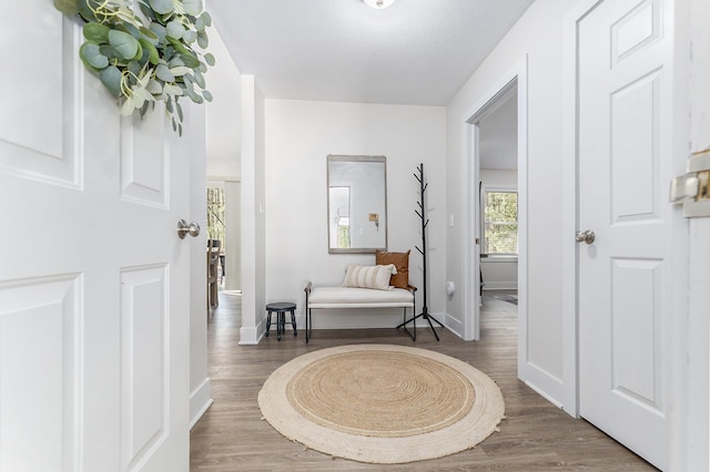 foyer with a textured ceiling, baseboards, and wood finished floors