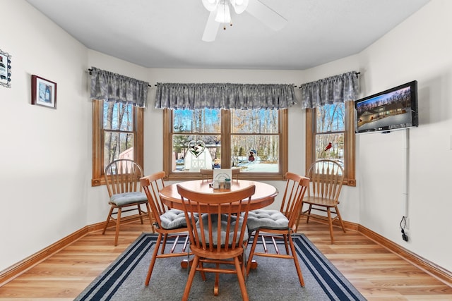 dining room featuring wood finished floors, baseboards, and ceiling fan