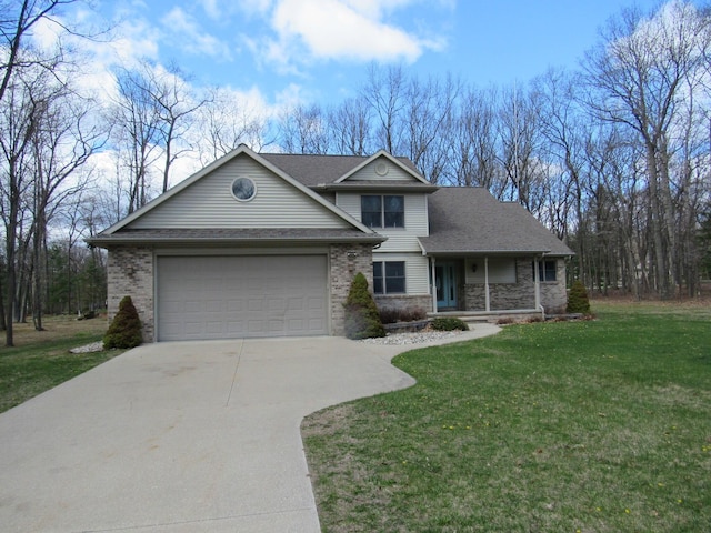 view of front of property with covered porch, brick siding, a front lawn, concrete driveway, and an attached garage