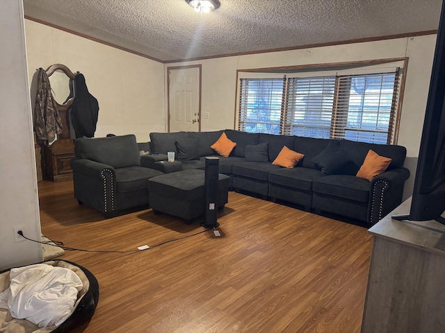 living room featuring a textured ceiling, crown molding, and wood finished floors