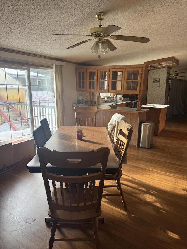 dining room featuring ceiling fan, wood finished floors, and a textured ceiling