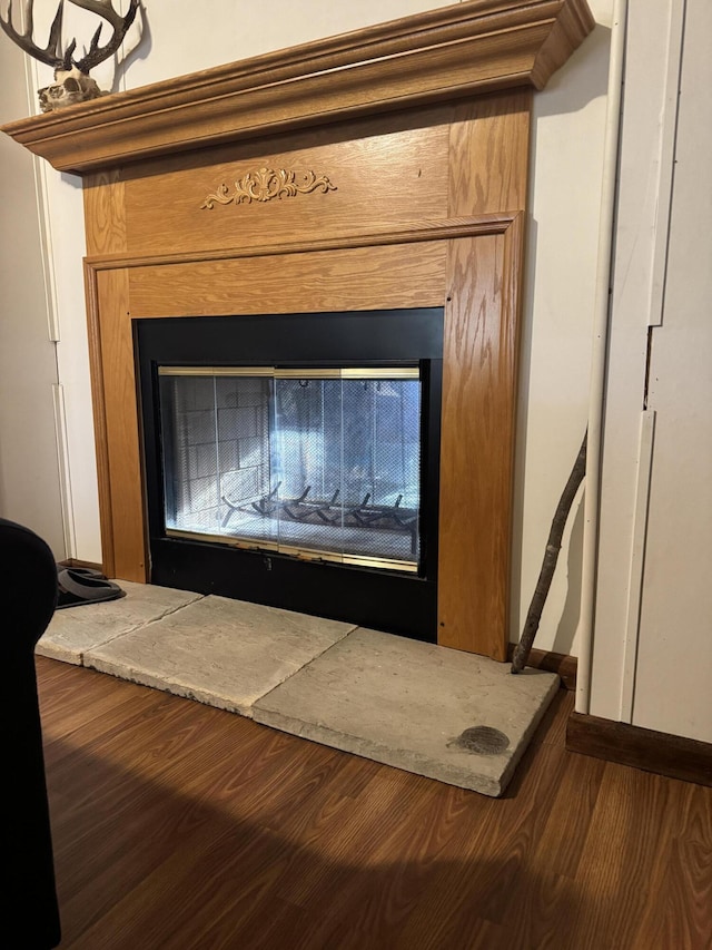 room details with a glass covered fireplace and wood finished floors