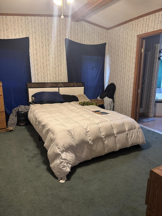 bedroom with wallpapered walls, carpet floors, and ornamental molding