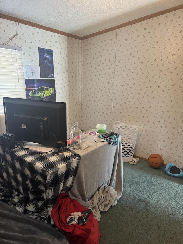 bedroom with wallpapered walls, crown molding, carpet flooring, and a textured ceiling