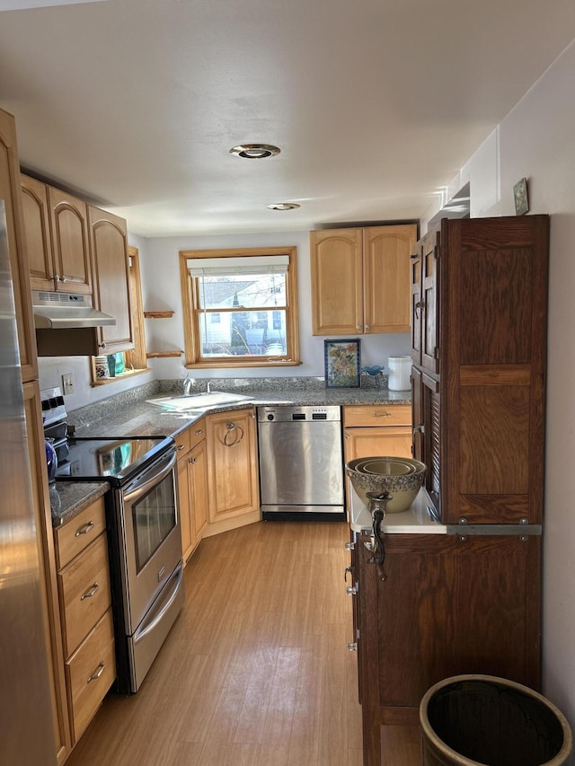 kitchen featuring under cabinet range hood, light wood-style floors, appliances with stainless steel finishes, and a sink