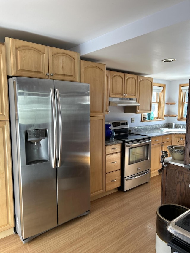 kitchen with dark countertops, under cabinet range hood, light wood-type flooring, stainless steel appliances, and open shelves