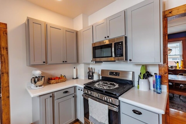 kitchen with light countertops, gray cabinets, and appliances with stainless steel finishes