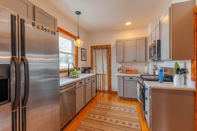 kitchen with light countertops, gray cabinets, appliances with stainless steel finishes, light wood-style floors, and a sink