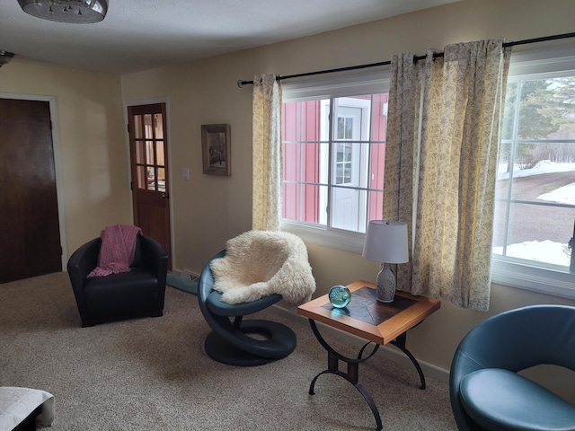 sitting room featuring a wealth of natural light, carpet flooring, and baseboards