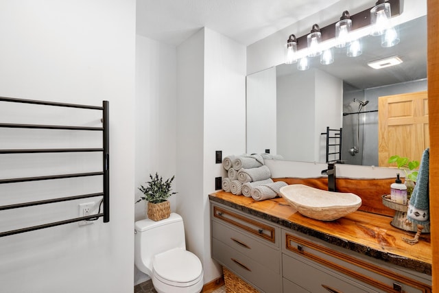 bathroom with vanity, toilet, and a shower