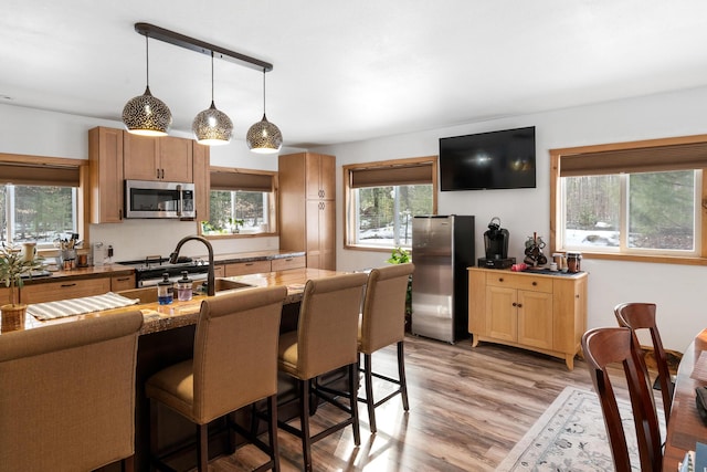 kitchen featuring a kitchen bar, decorative light fixtures, a sink, light wood-style floors, and appliances with stainless steel finishes