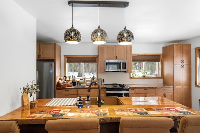 kitchen with a sink, stainless steel appliances, a breakfast bar, and hanging light fixtures