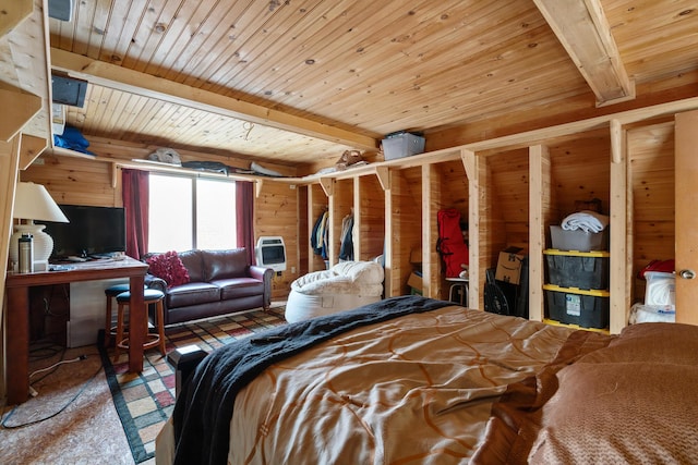 bedroom featuring heating unit, beamed ceiling, wood ceiling, and wooden walls