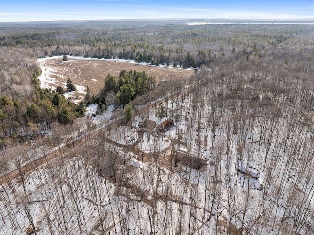 aerial view featuring a wooded view