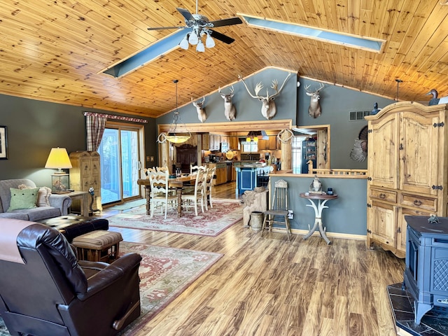 living room featuring a wood stove, lofted ceiling with skylight, wood finished floors, and wooden ceiling