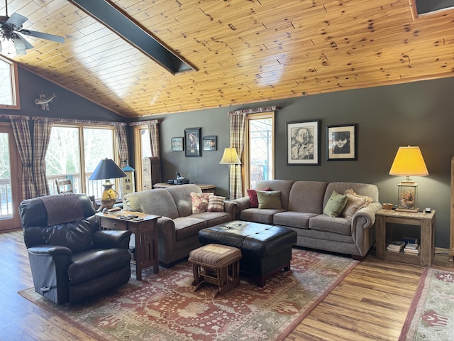 living room with vaulted ceiling with skylight, wood ceiling, ceiling fan, and wood finished floors