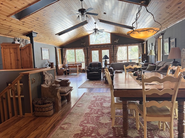 dining space featuring a wealth of natural light, wood finished floors, wood ceiling, and vaulted ceiling