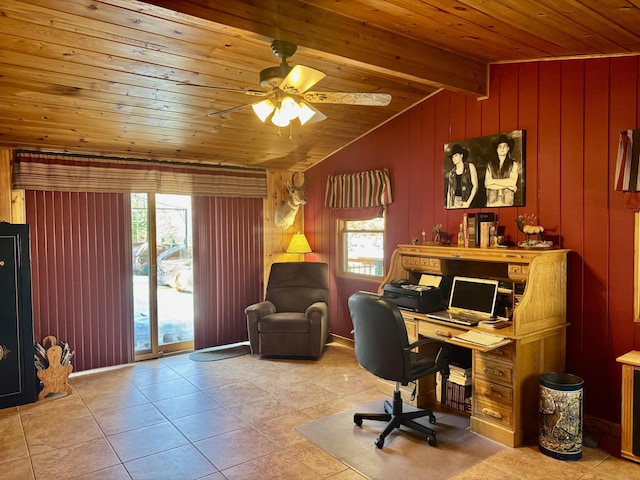 office area with a ceiling fan, lofted ceiling with beams, wooden walls, light tile patterned floors, and wood ceiling