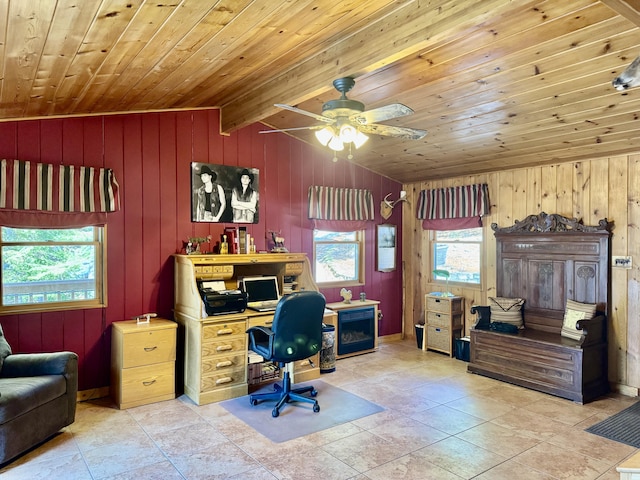 tiled home office featuring lofted ceiling, a healthy amount of sunlight, wooden ceiling, and a ceiling fan